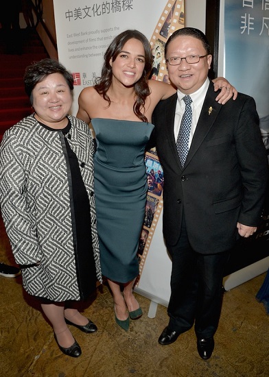 HOLLYWOOD, CA - NOVEMBER 03: (L-R) General Manager for EDI Media Slina Su, actress Michelle Rodriguez, and CAFF Chairman James Su attend the 11th Annual Chinese American Film Festival Opening Ceremony at The Montalban Theatre on November 3, 2015 in Hollywood, California. (Photo by Charley Gallay/WireImage)